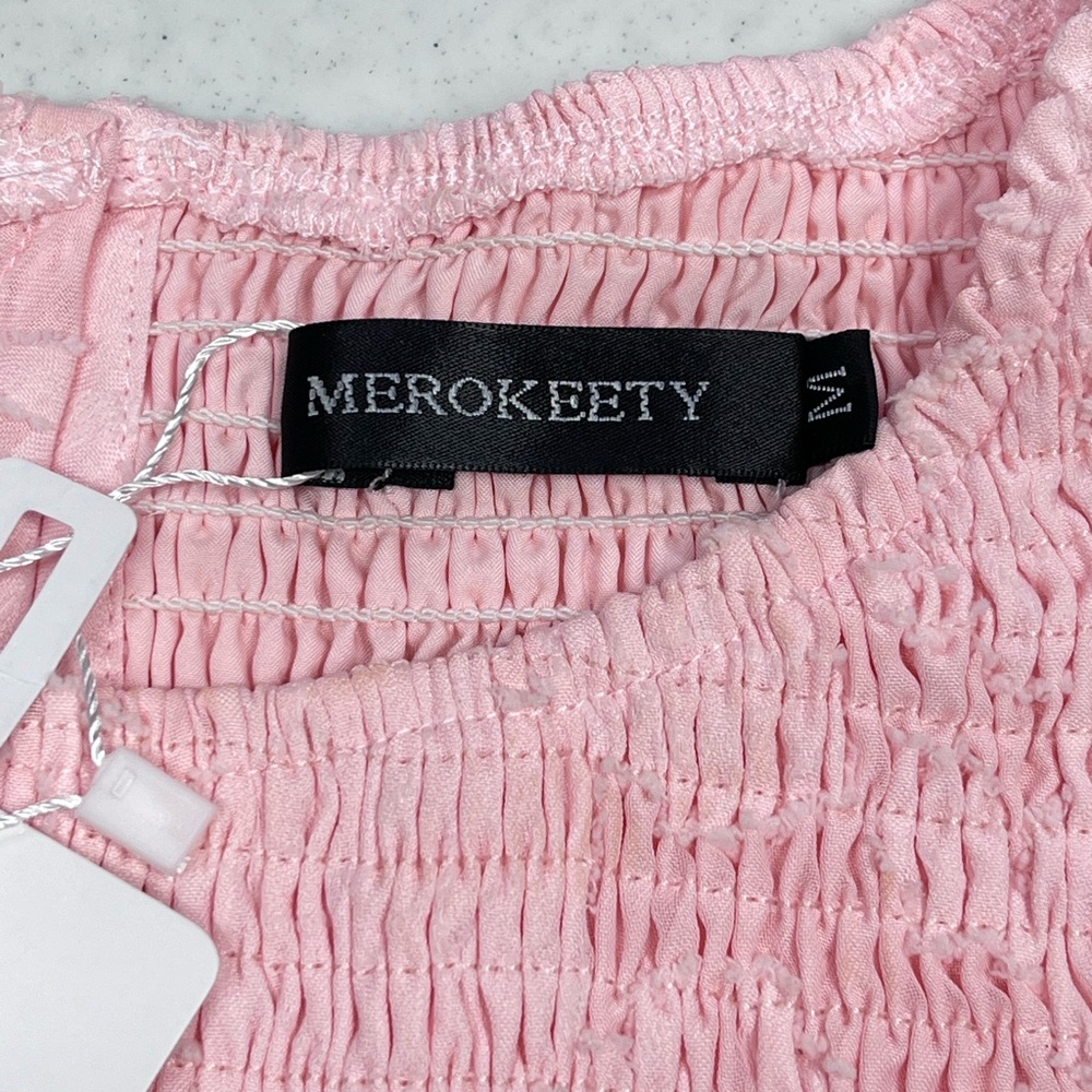Merokeety Pink Short Puff Sleeve Midi-Dress Floral Design. Size Medium - Picture 6 of 14
